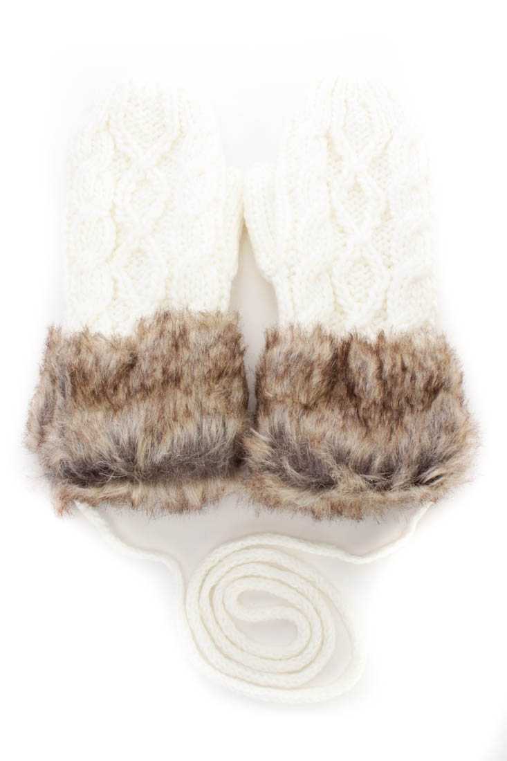 White Cable Knit Faux Fur Attached Mittens
