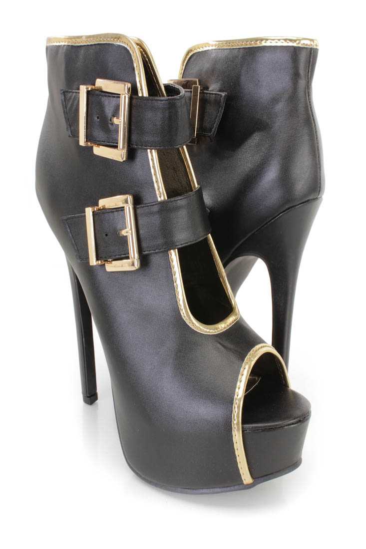 Black Buckle Accents Platform Booties Faux Leather