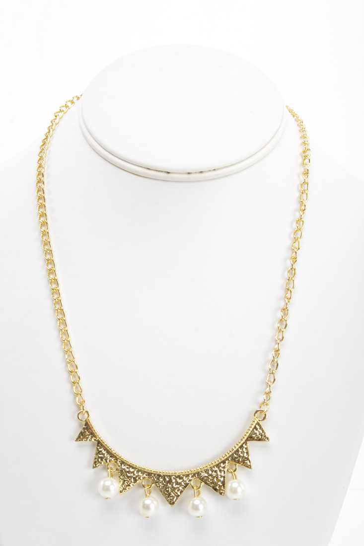 White Gold Hammered Metal Beaded Dangle Necklace