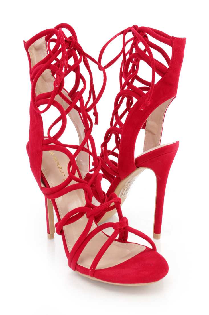 Red Lace Up Loop Strappy Single Sole High Heels Faux Suede