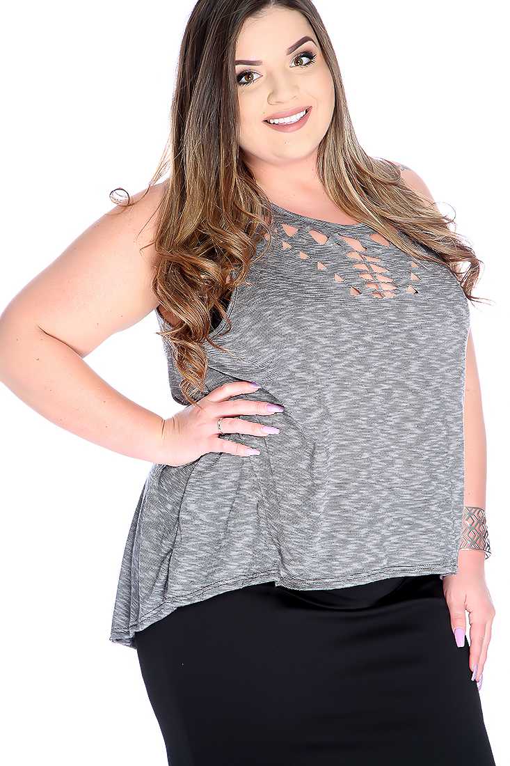 Sexy Black Burnout Plus Size Sleeveless Chest Cutout Top