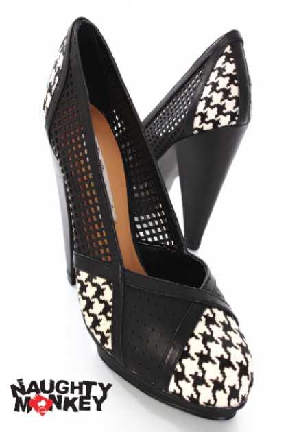 Black Houndstooth Pump High Heels Faux Leather
