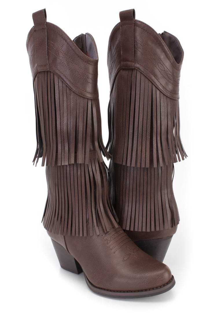 Dark Brown Stitched Fringe Western Boots Faux Leather