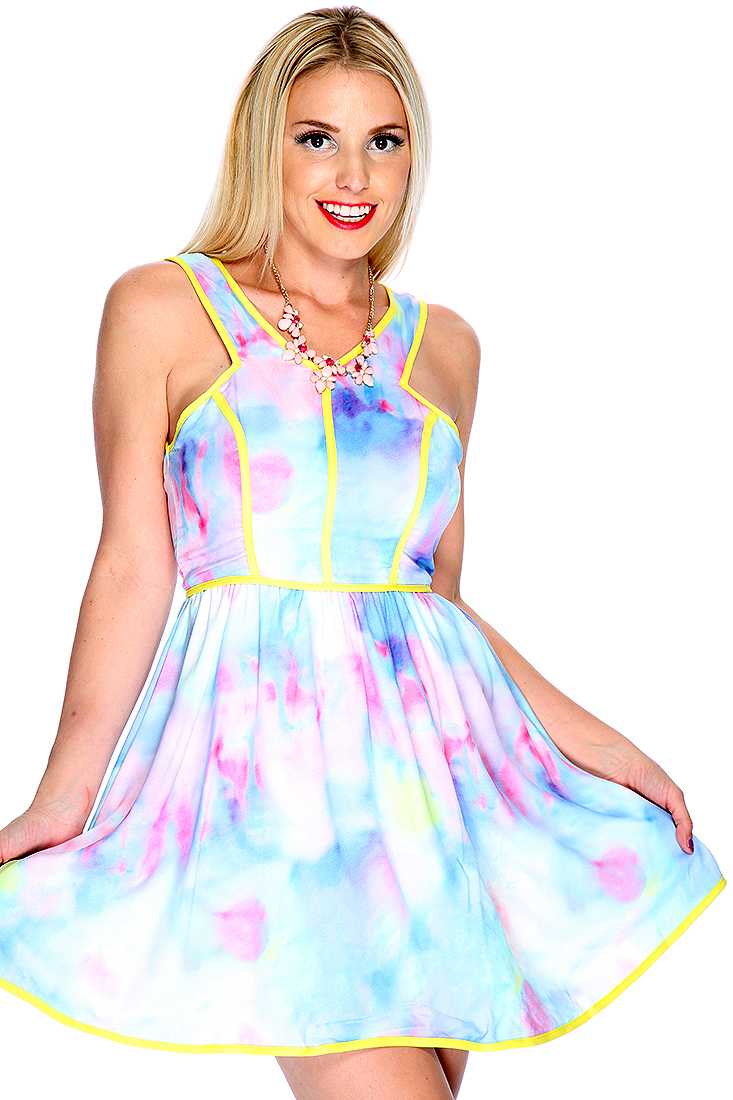 Sexy Yellow Sleeveless V Neck Watercolor Print Causal Party Dress