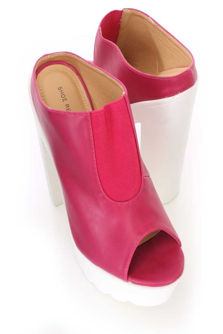 Berry Slip On Peep Toe Chunky Platform High Heels Faux Leather
