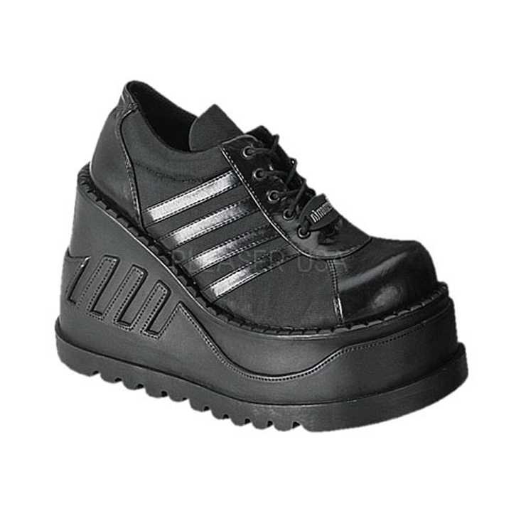 Black Lace Up Striped Wedges Faux Leather