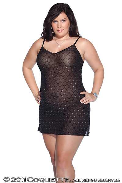 BLACK SILVER PLUS SIZE DIAMOND MESH INTIMATE CHEMISE