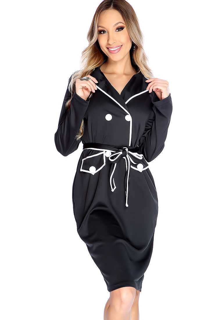 Sexy Black Long Sleeve Button Detail Casual Dress