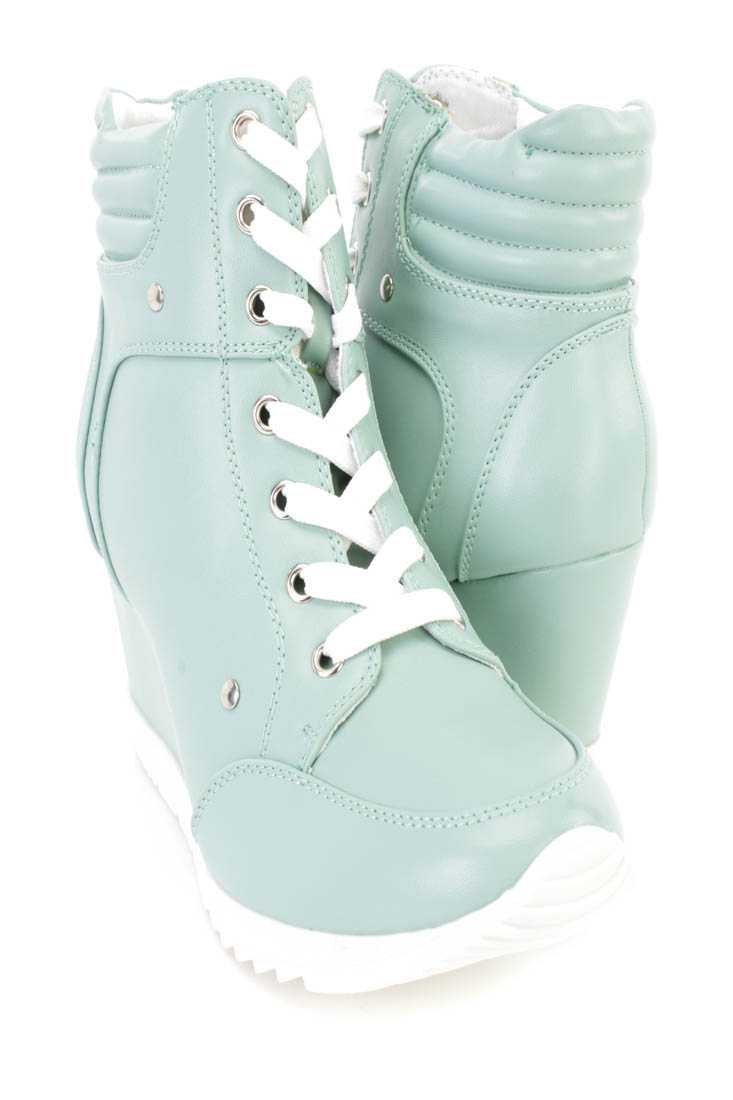 Light Mint Lace Up Sneaker Wedges Faux Leather