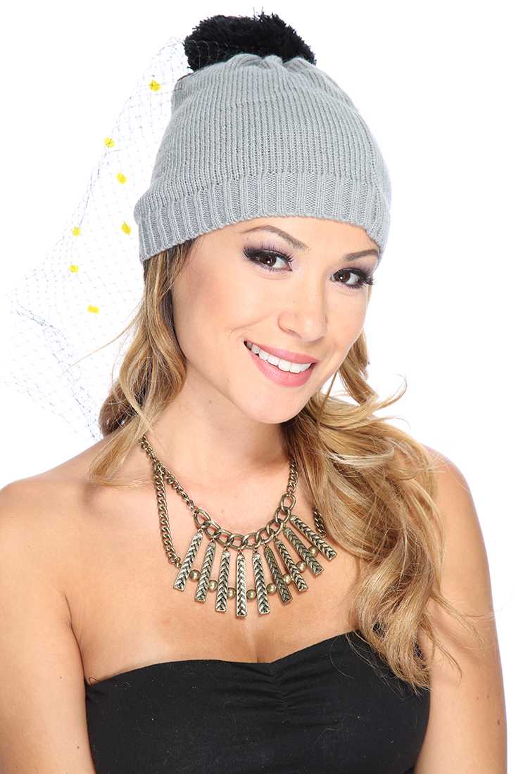 Grey Knitted Polka Dot Mesh Pom Pom Beanie