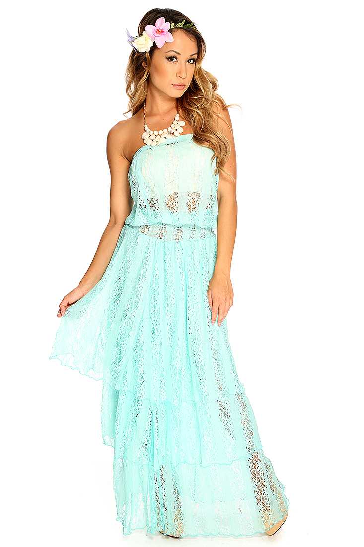 Mint Lace Mesh Layered Strapless Cute Maxi Dress