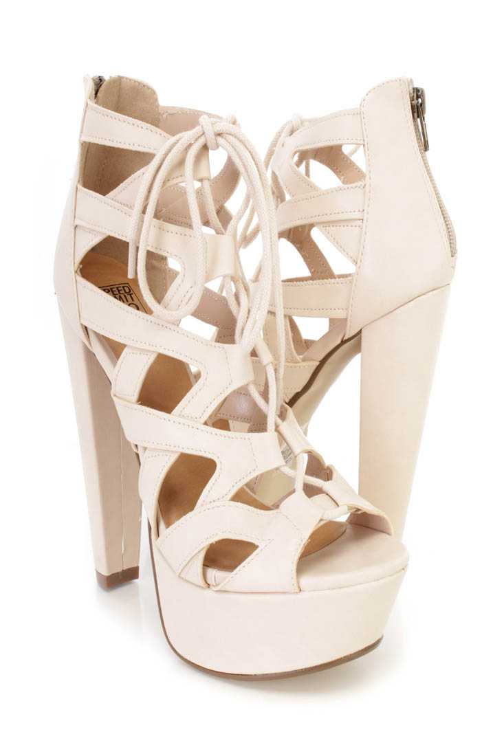 Beige Cross Strappy Lace Up Chunky High Heels Faux Leather