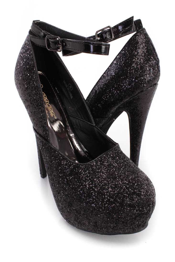 Black Ankle Strap Platform High Heels Shimmer Fabric