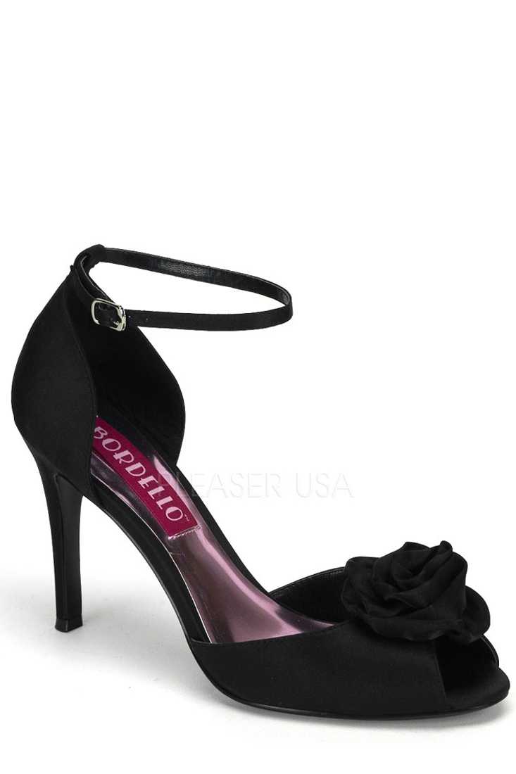 Black Rose Bud Peep Toe Single Sole High Heels Satin