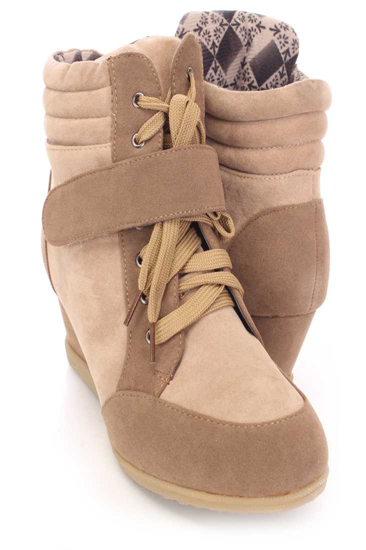 Camel Beige Two Tone Sneaker Wedges Faux Suede