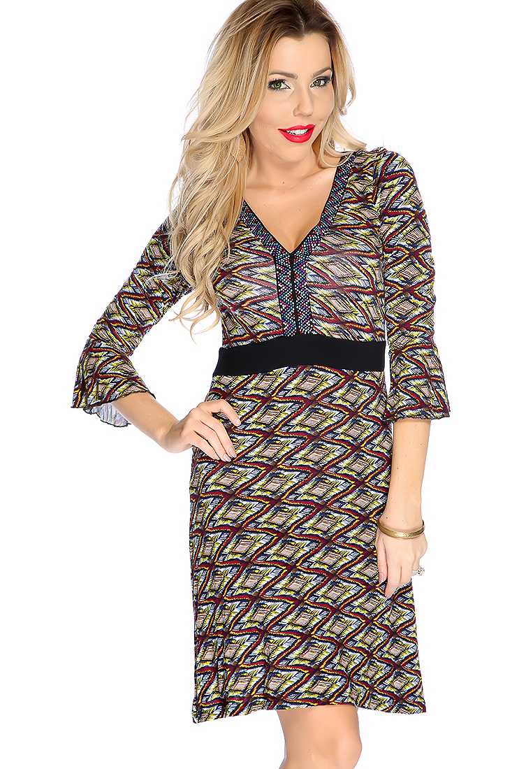 Lime Navy Tribal Print Printed Rhinestone Detailing Dress
