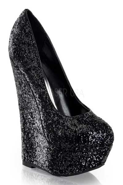 Black Round Closed Toe Platform Glitter Wedge Pump