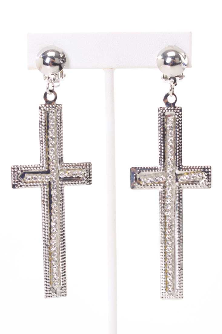 Silver High Polish Metal Dangle Cross Clip On Earrings