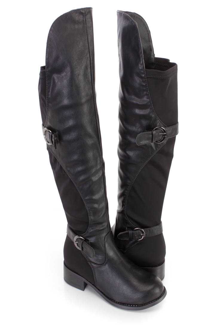 Black Thigh High Strappy Riding Boots Faux Leather