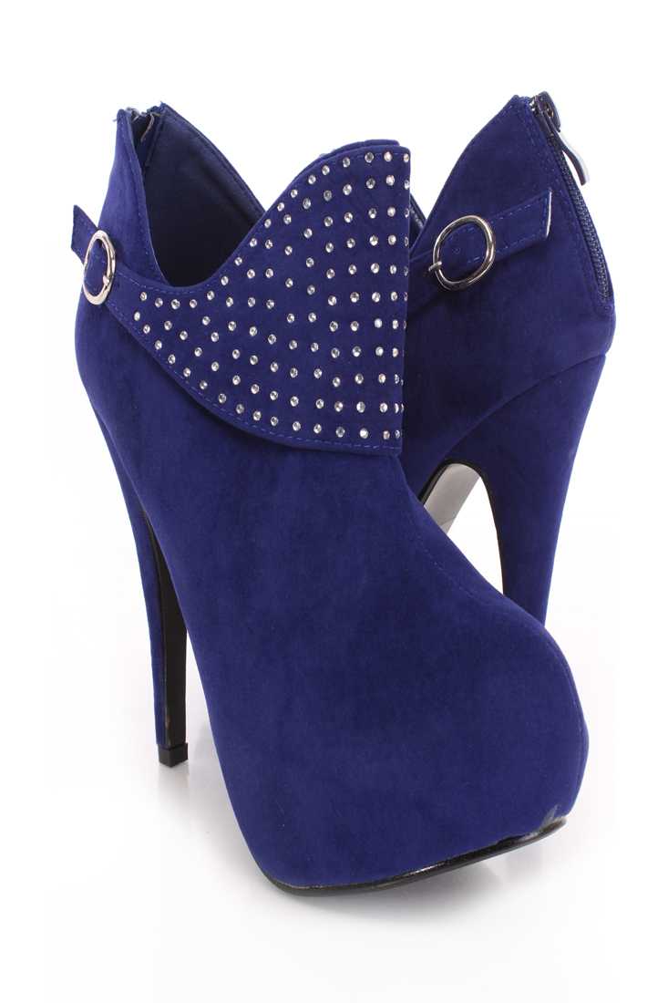 Blue Rhinestone Decor Booties Faux Suede