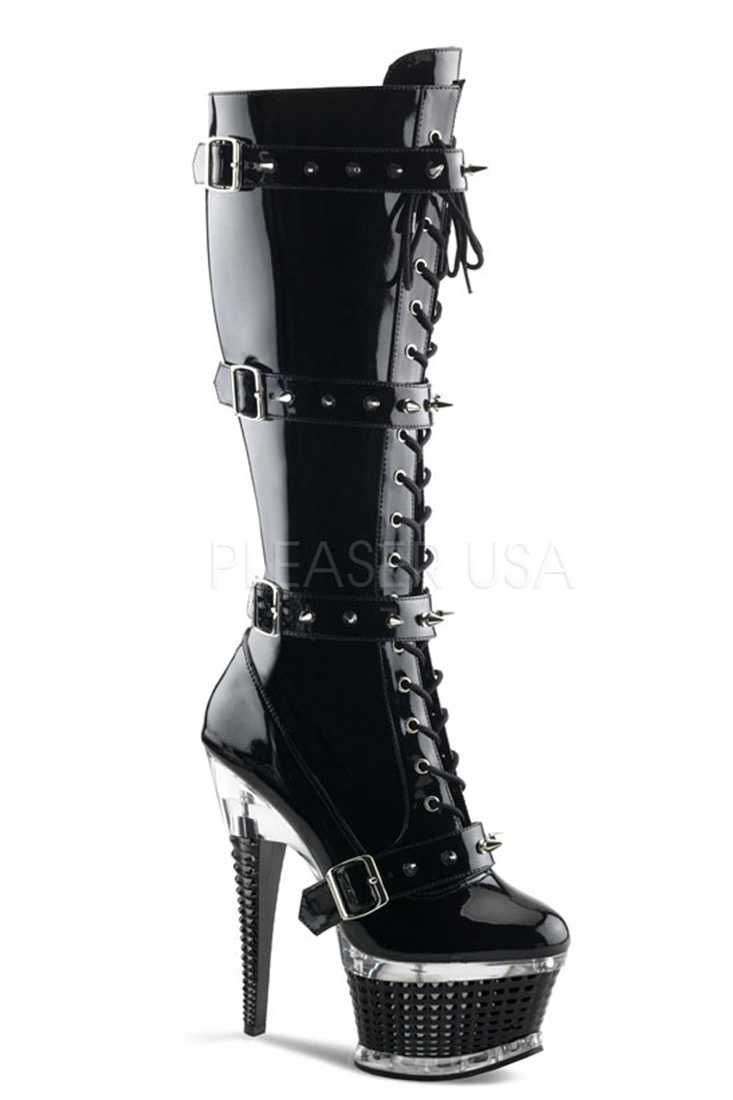 Black Front Lace Up High Boots Platform Boots Patent
