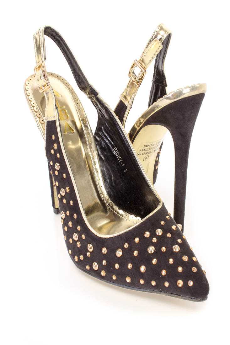 Black Gold Rhinestone Studded Decor Sling Back Pump High Heels Faux Suede