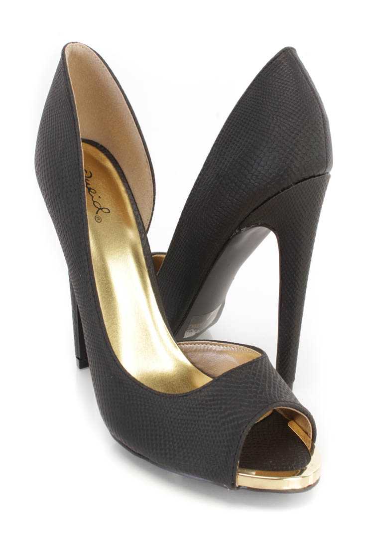 Black Peep Toe Single Sole D-Orsay Pump High Heels Faux Leather