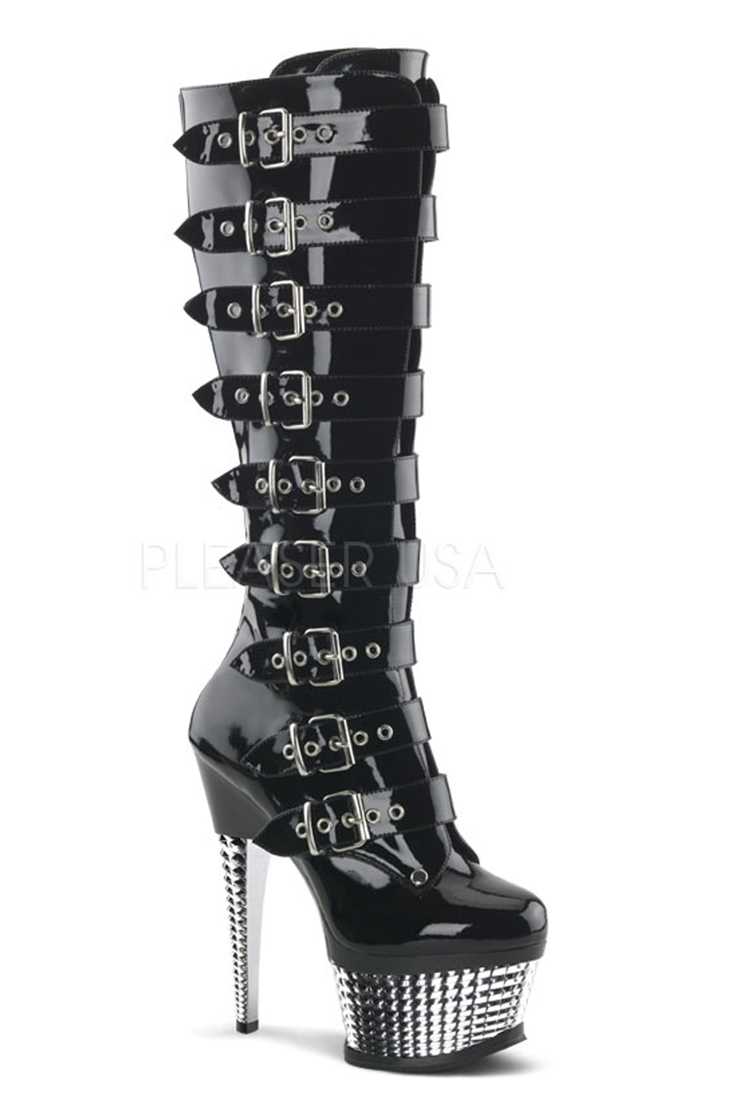 Black Multi Buckled Strap Knee Platform Boots Patent