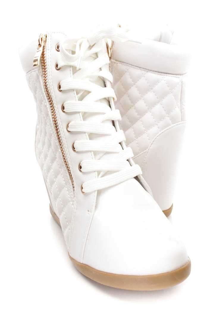 White Lace Up Quilted Sneaker Wedges Faux Leather
