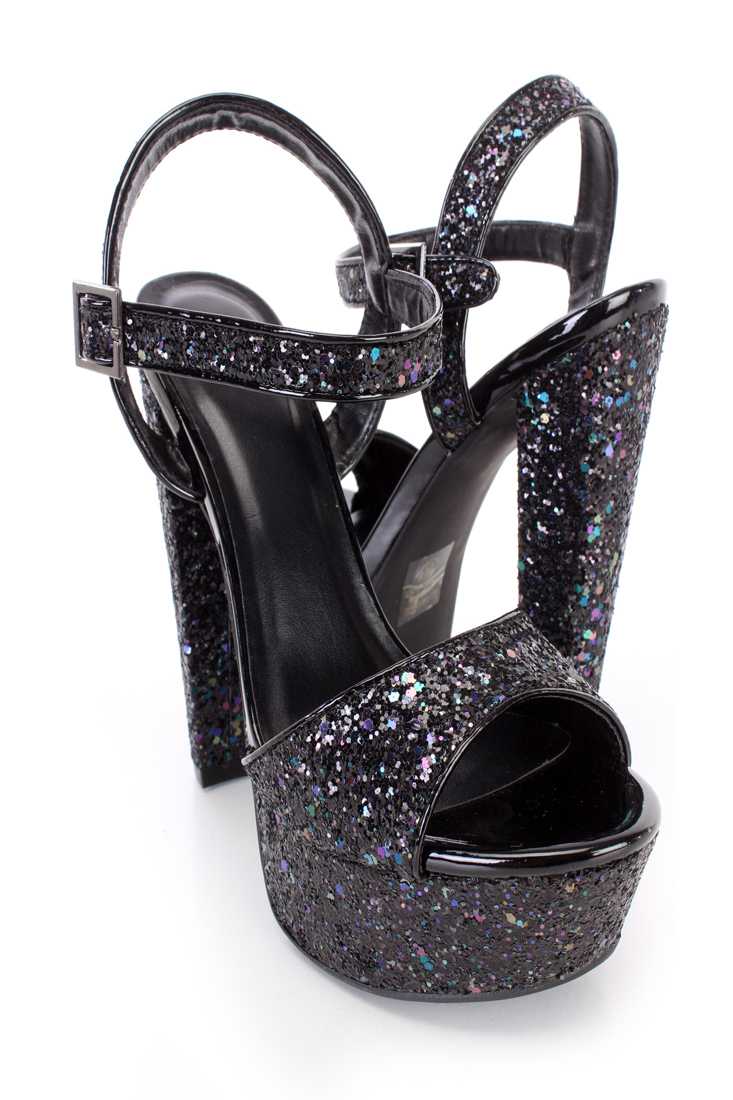 Black Peep Toe Platform 6 Inch High Heels Glitter