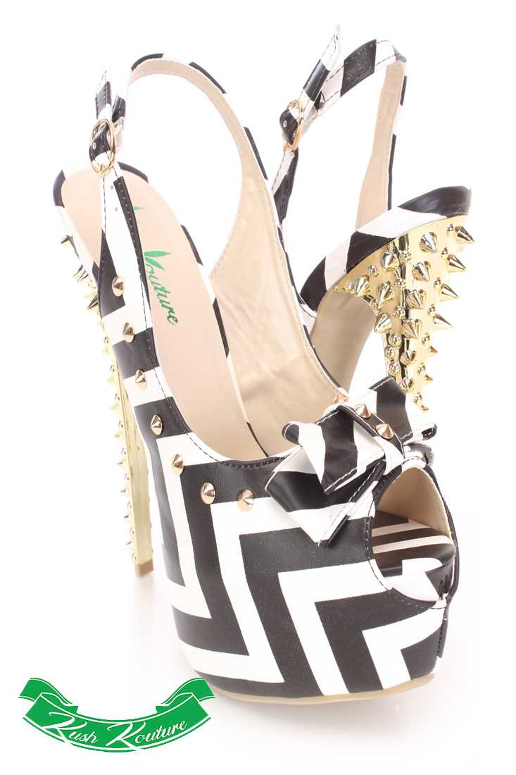 Black Studded Peep Toe Slingback High Heels Faux Leather