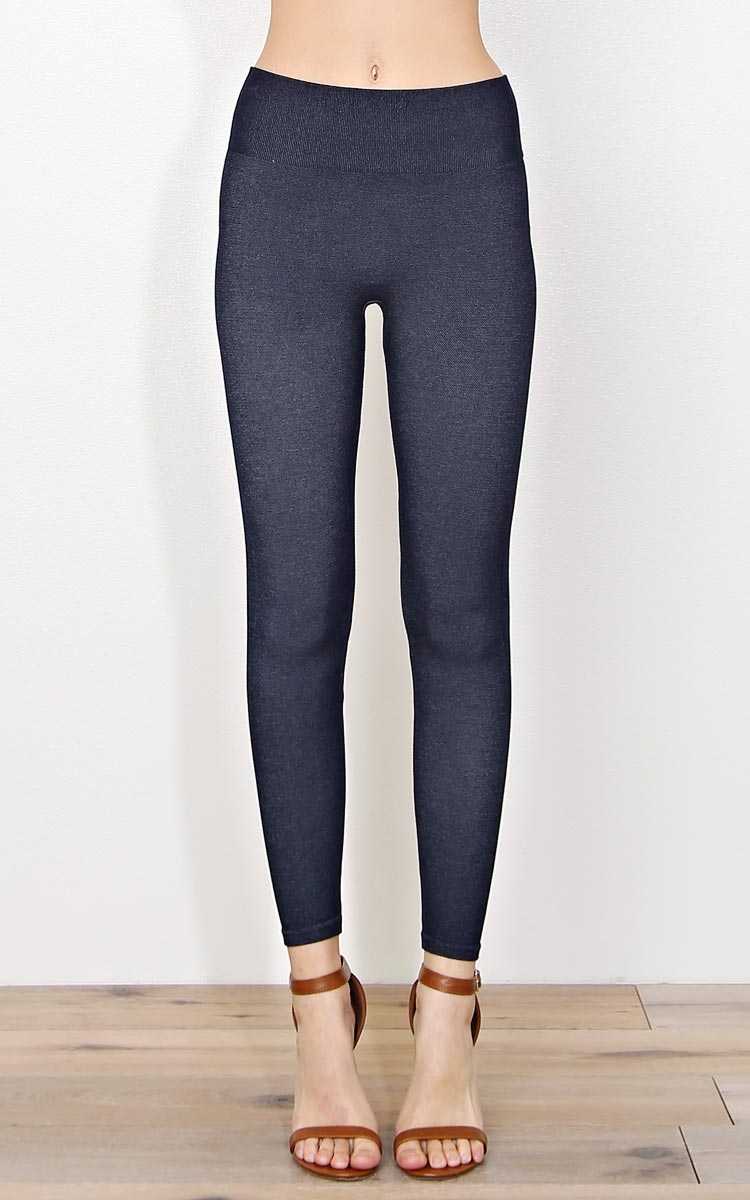 Seamless Denim Look Knit Jeggings - Navy in Size L/XL by Styles For Less