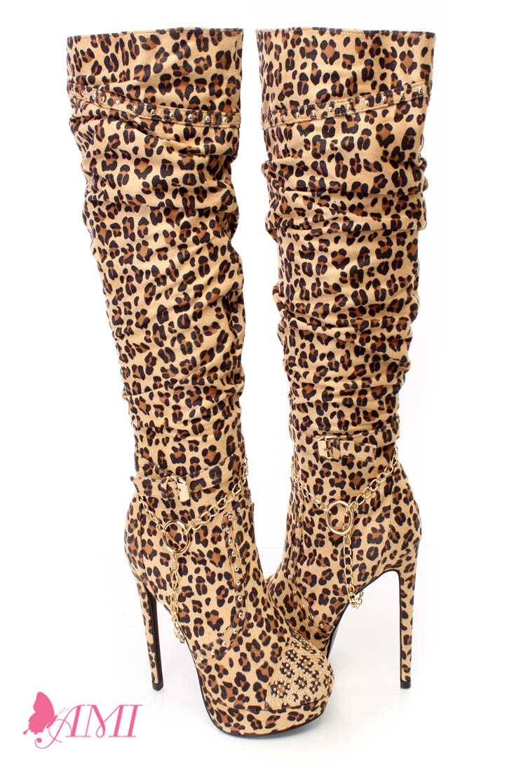 Leopard Print Slouchy Studded Knee High Heel Boots Faux Suede