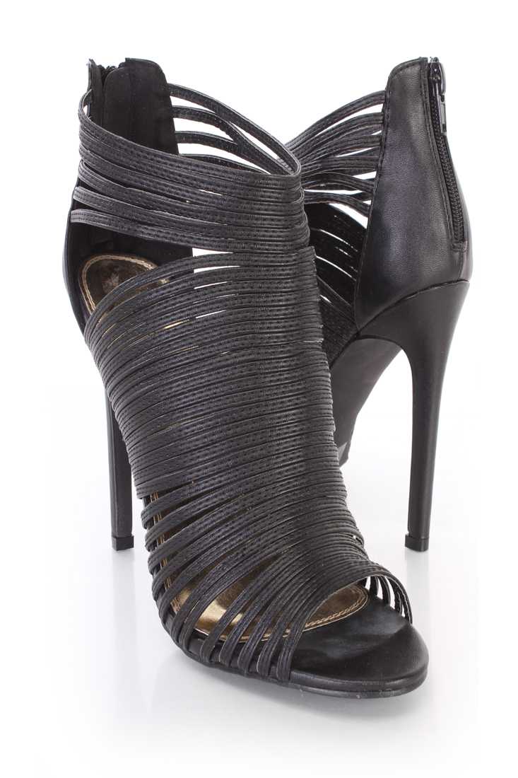 Black Strappy Peep Toe Sandal Booties Faux Leather