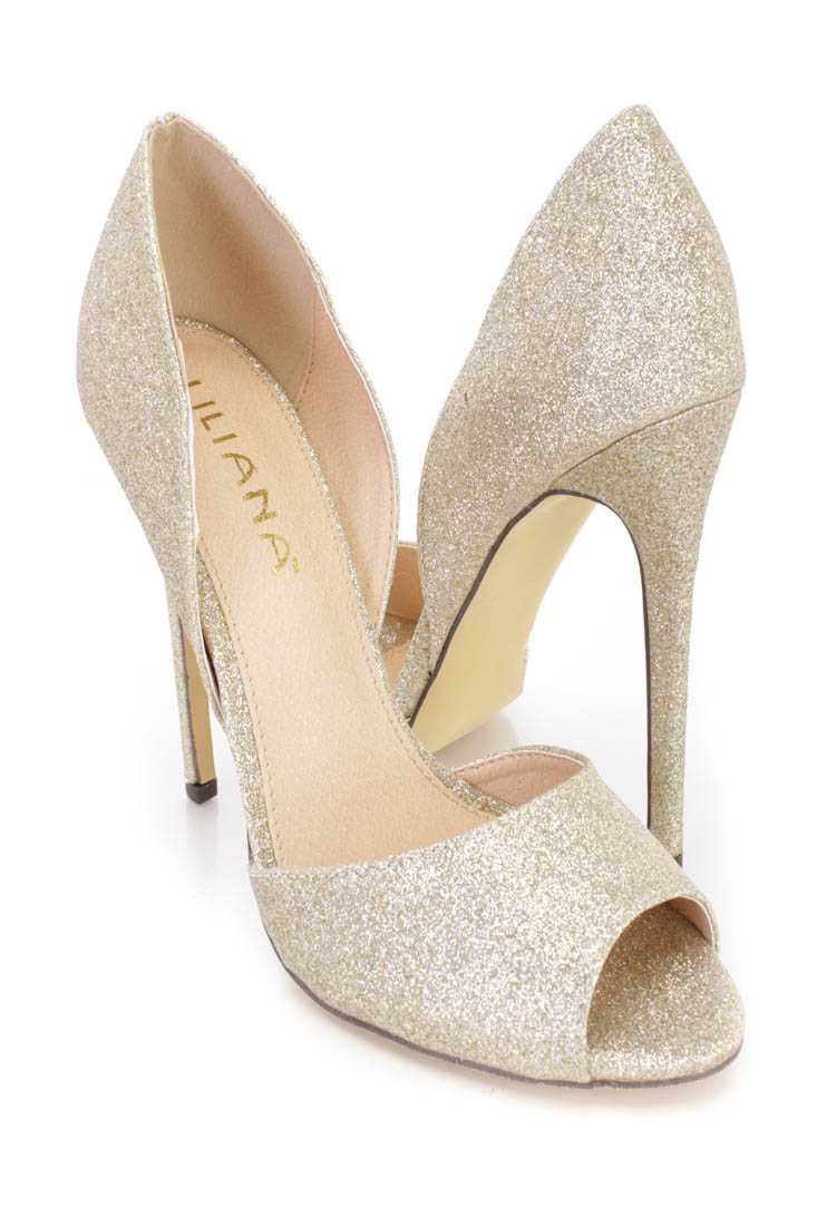 Gold Peep Toe Single Sole Heels Glitter