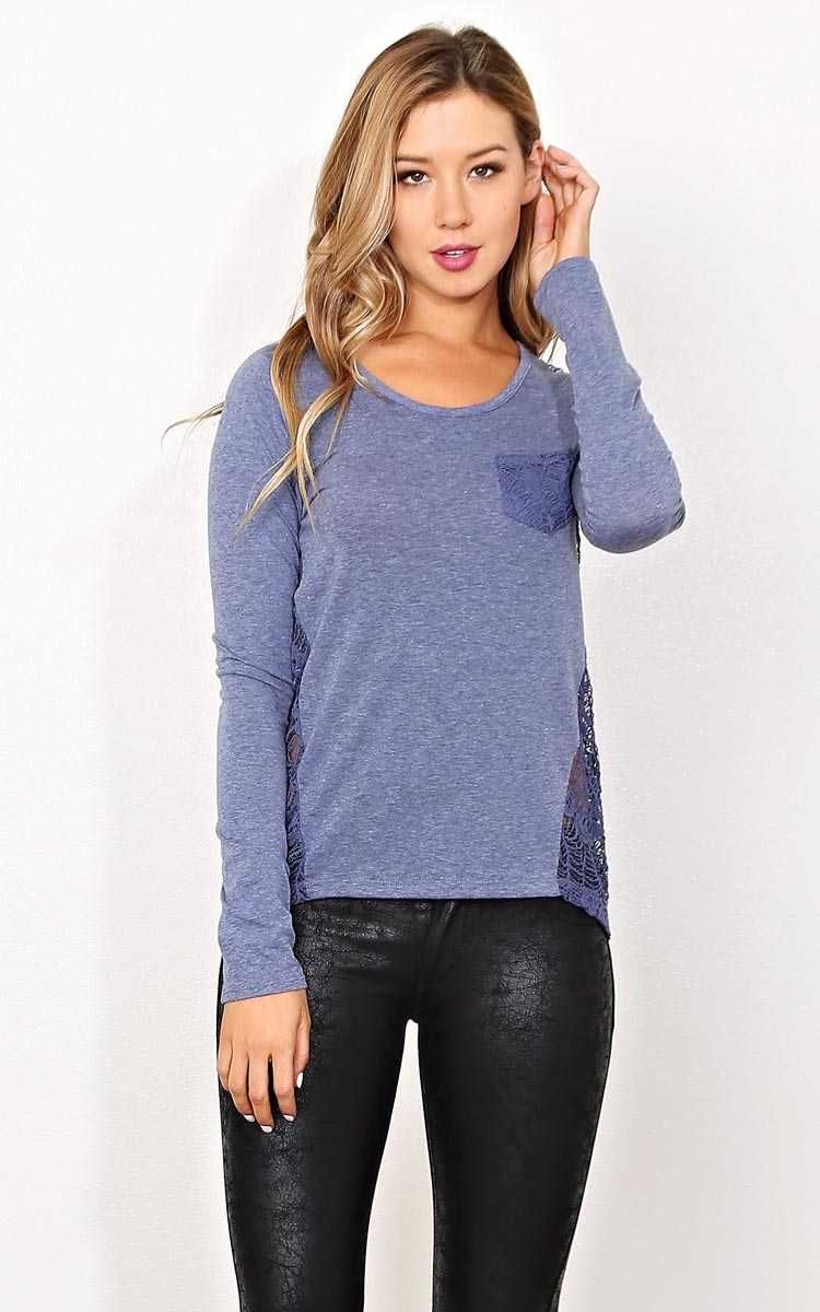 Blue Lace Inset Knit Top - - Navy in Size by Styles For Less