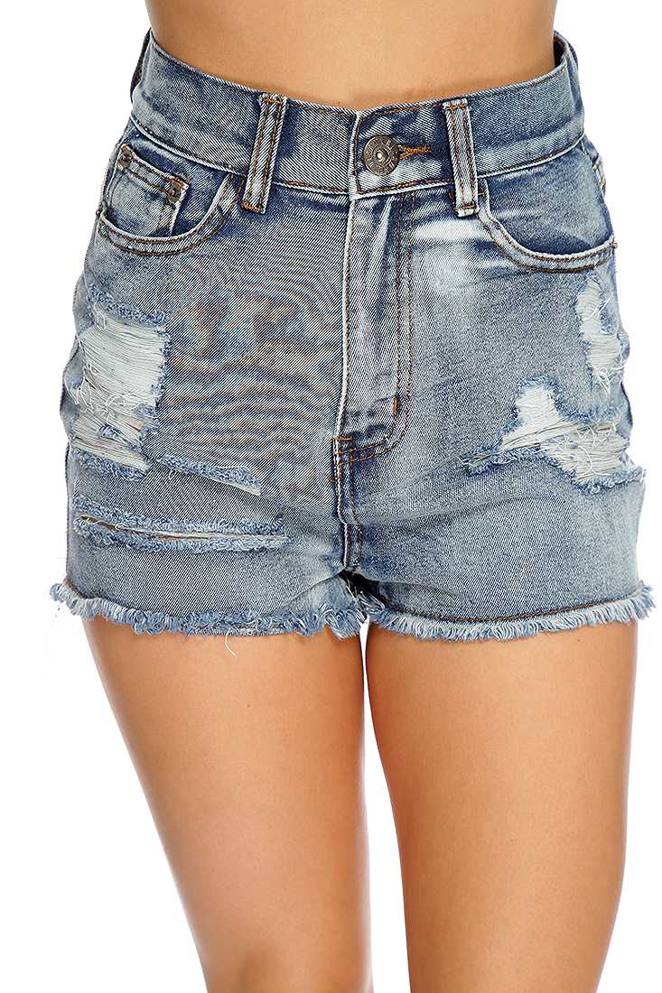 Denim Distressed High Waist Shorts