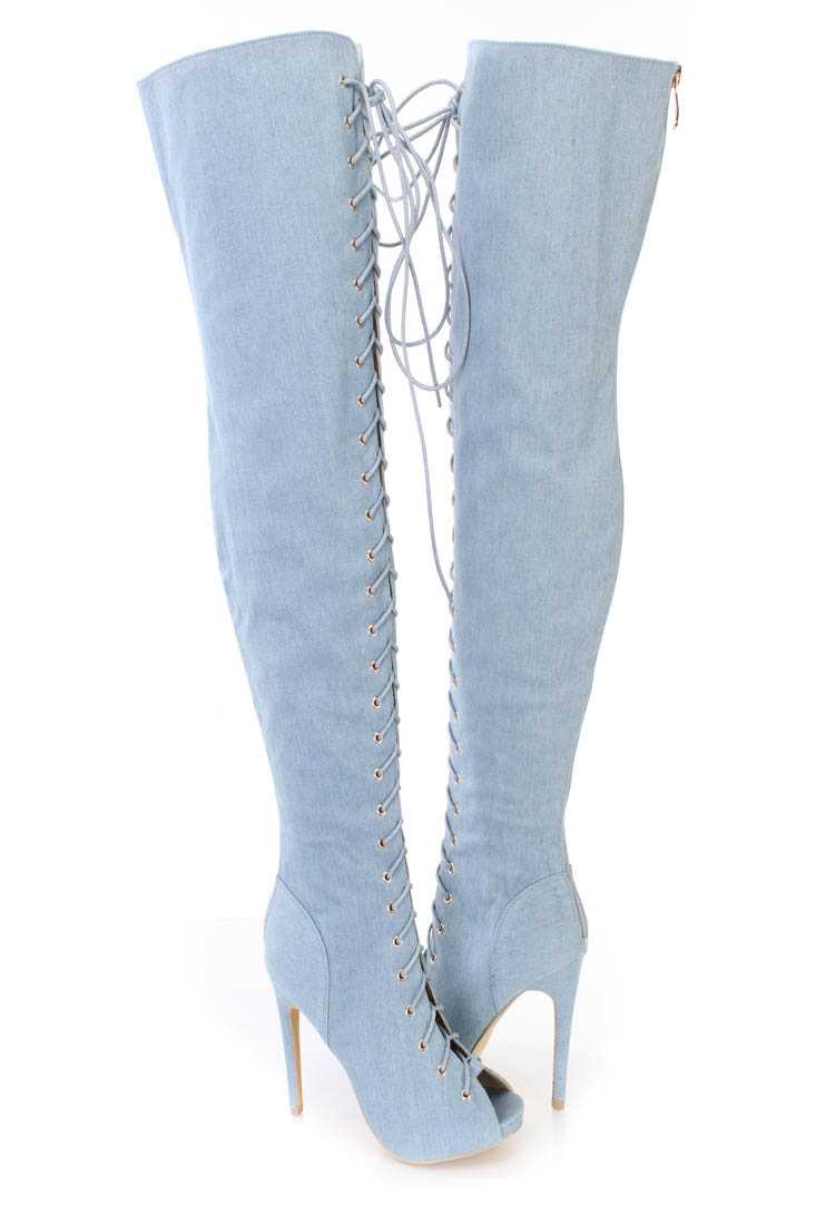 Denim Lace Up Thigh High Heel Boots Denim