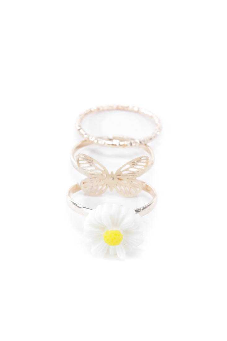 White High Polish Metal Acrylic Flower Ring Set