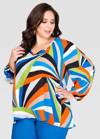 V-Neck Geo Colorblock Blouse