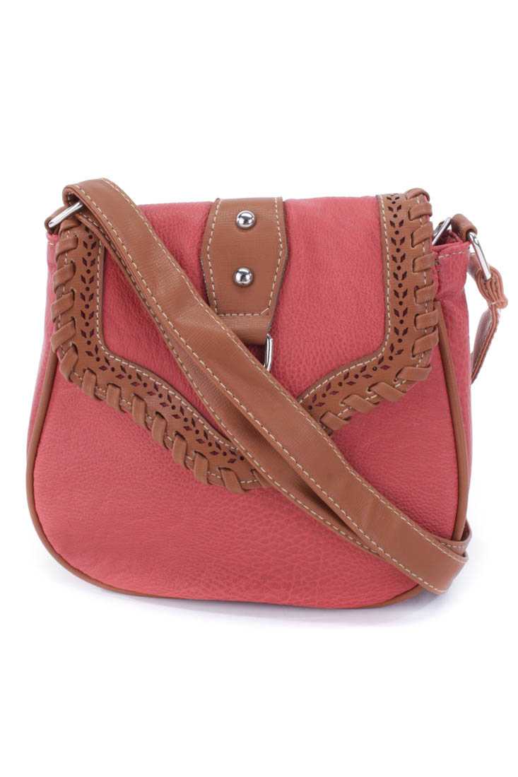 Red Coral Two Tone Faux Leather Saddle Handbag