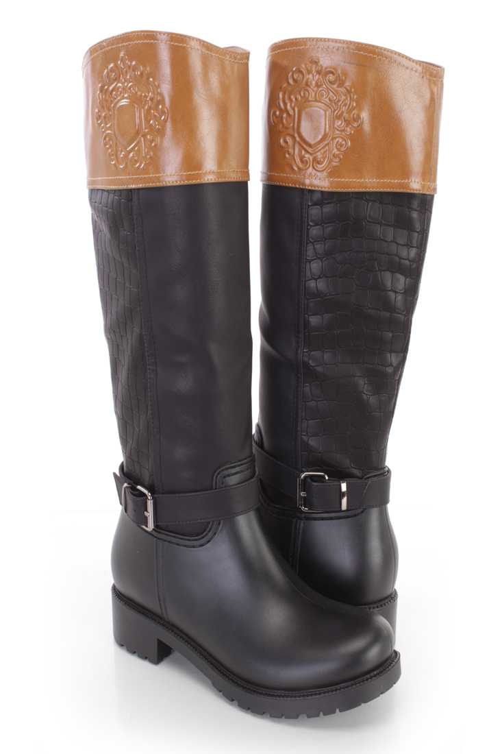 Black Tan Croc Skin Textured Riding Boots Faux Leather