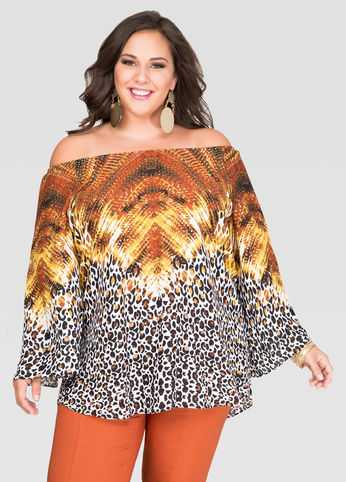 Mixed Print Off-Shoulder Blouse