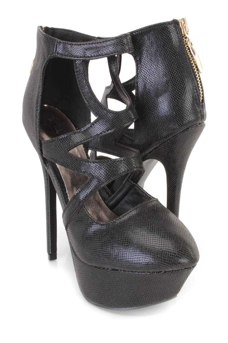 Black Cutout Platform High Heels Faux Leather
