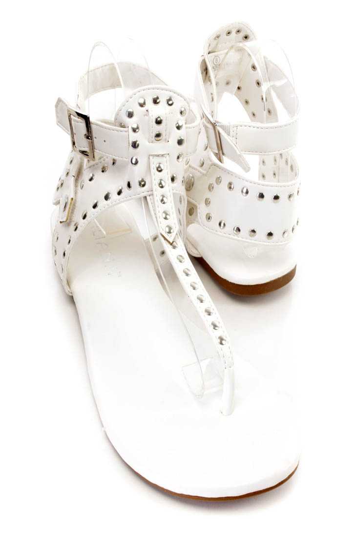 White Studded T Strap Thong Sandals Faux Leather