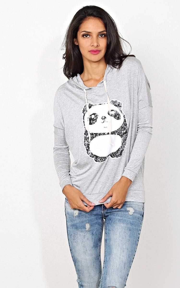 Cozy Panda Knit Hooded Top - MED - Heather in Size Medium by Styles For Less