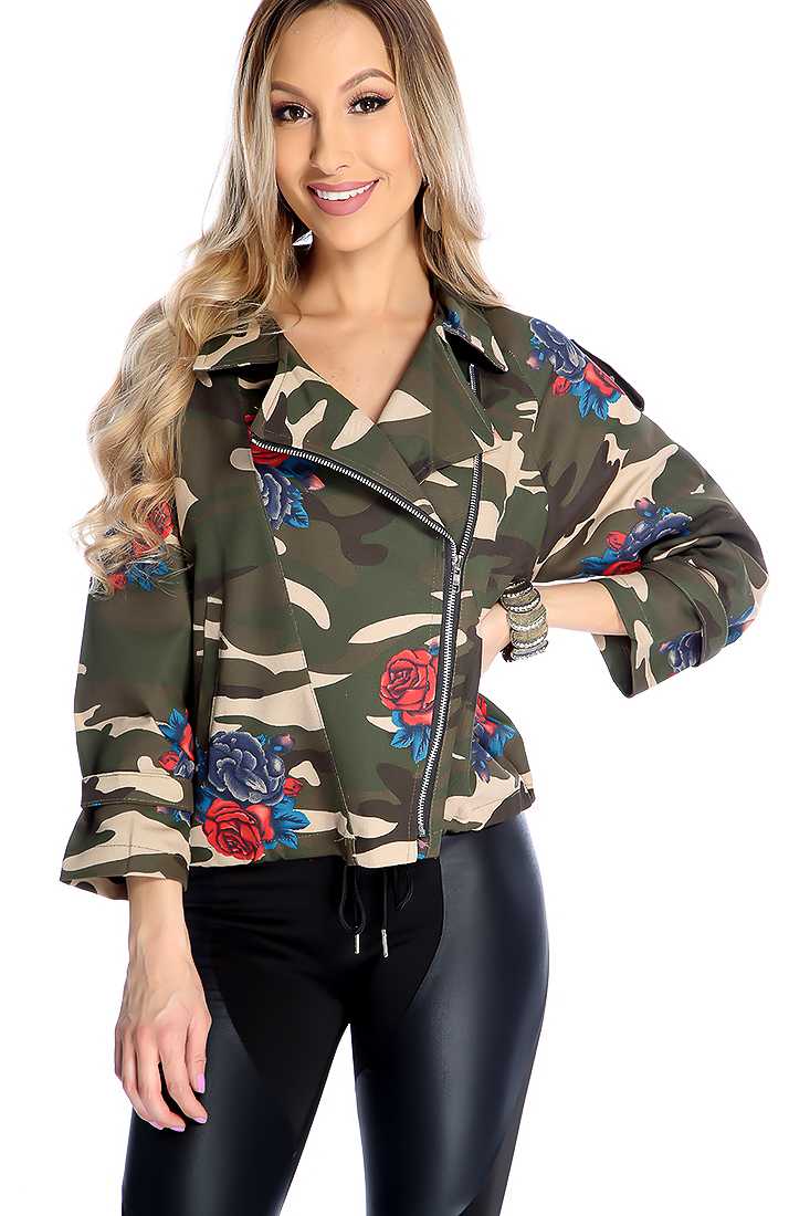 Camouflage Print Rose Graphic Print Jacket