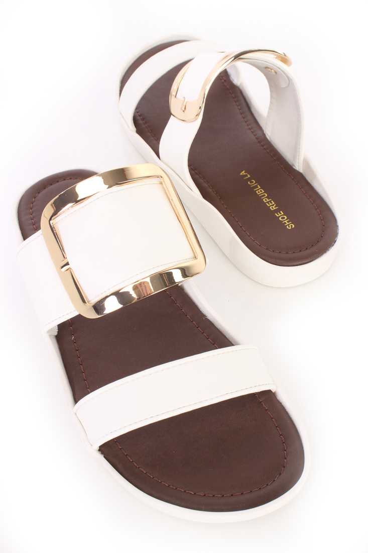 White High Polish Buckle Strappy Sandals Faux Leather