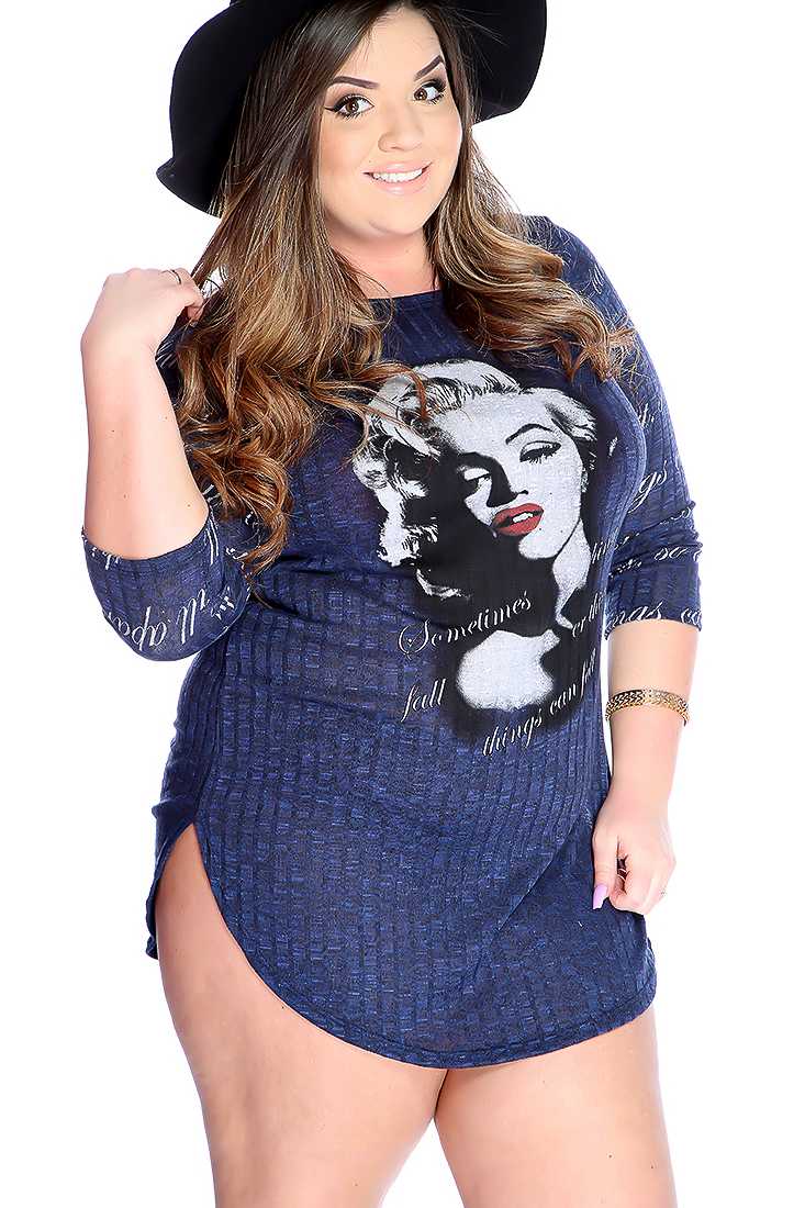Black Marylin Face Print Quarter Sleeve Plus Size Dress