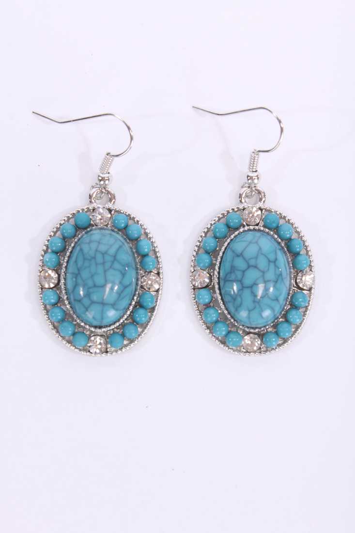 Teal Stone Center Rhinestone Accent Dangle Earrings